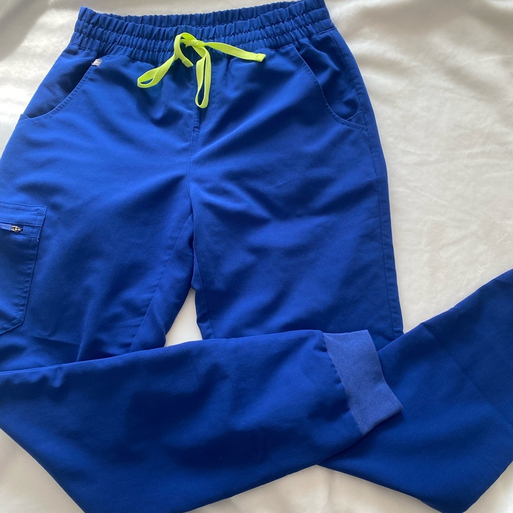 Figs Women's Royal Blue Jogger Scrub Pants with Neon Yellow Drawstring